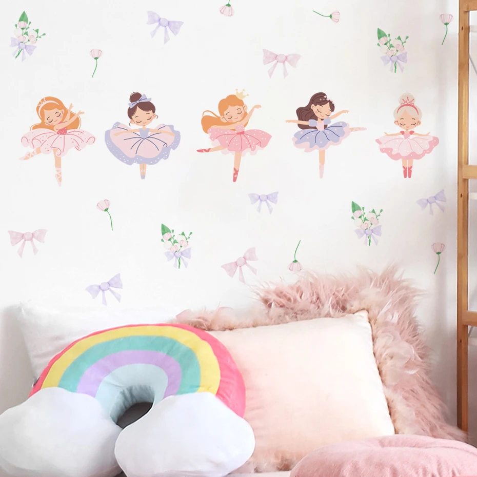 Fairy Ballet Dancer Bow Wall Stickers for Kids Rooms Girls Baby Room Bedroom Decoration Cute Nursery Wallpaper Self-adhesive