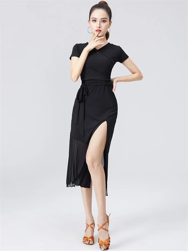 Robe de danse latine à manches courtes et col en V pour femmes, robes de tango de salle de Rh, vêtements de tango, mince, sexy, femme, grande taille, 3XL, printemps, été, nouveau