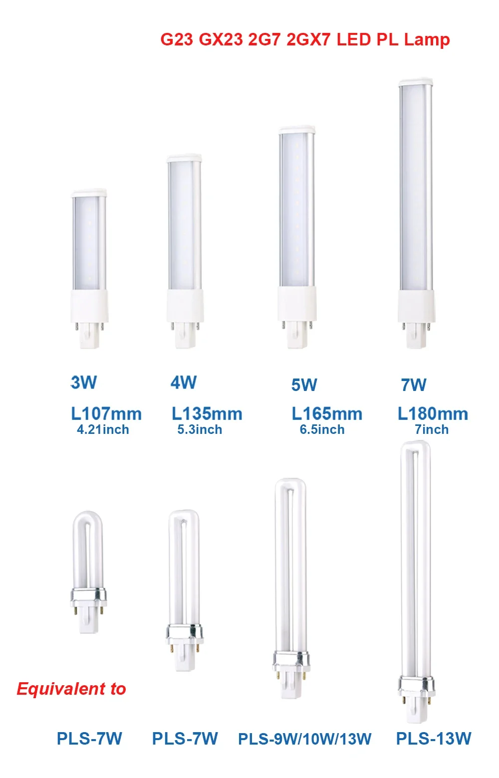 1Pc LED G23 3W 4W 5W CFL PL-S 7W-13W Replacement 110V/220V 2Pin G23/GX23 4P 2G7/2GX7 Plug-in PL Energy Saving SMD2835 Light Lamp