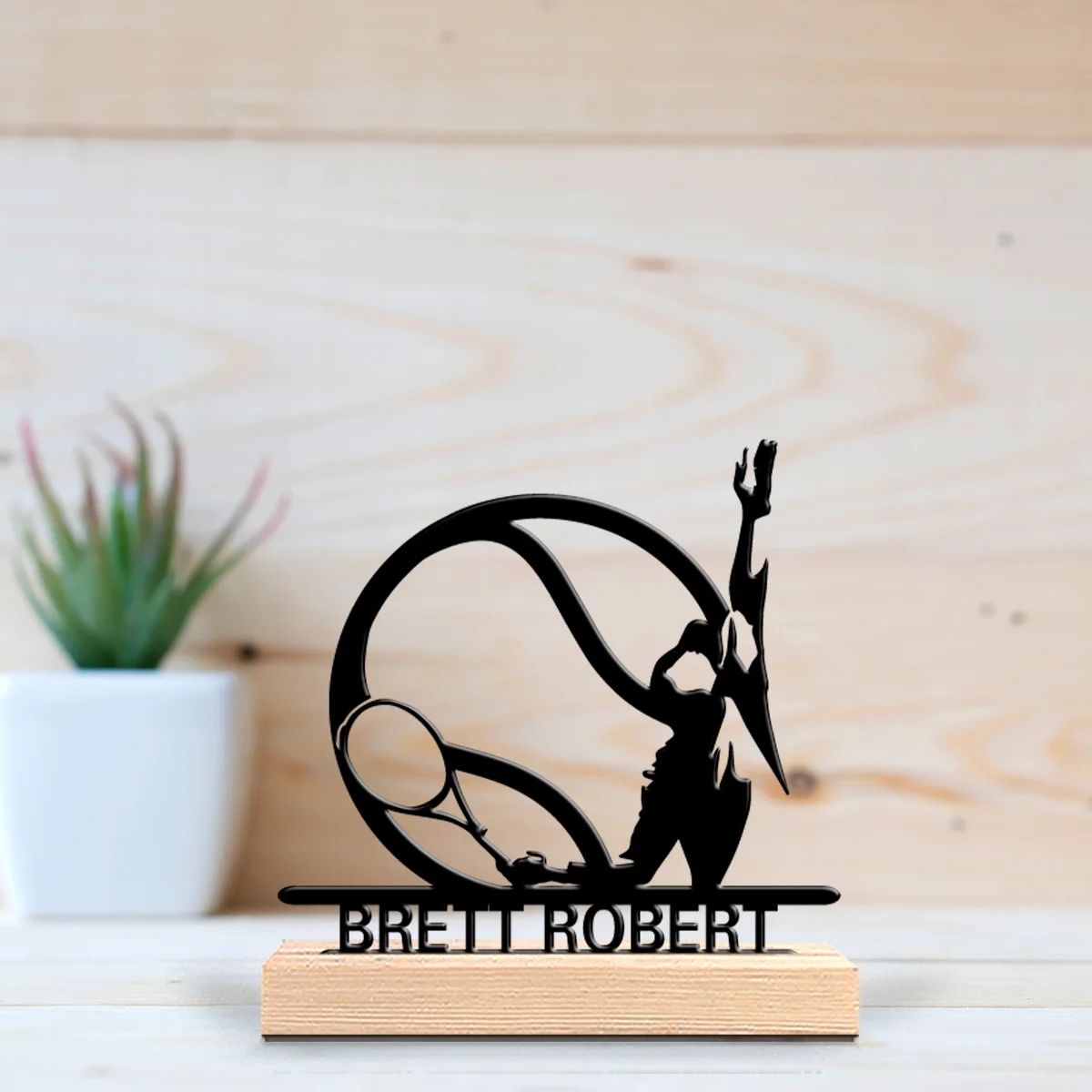 1pc Abstract tennis Customizable Letter Metal Statue Iron Ornament Art Figurine With Wood Base Tin SculptureFor Home Decor