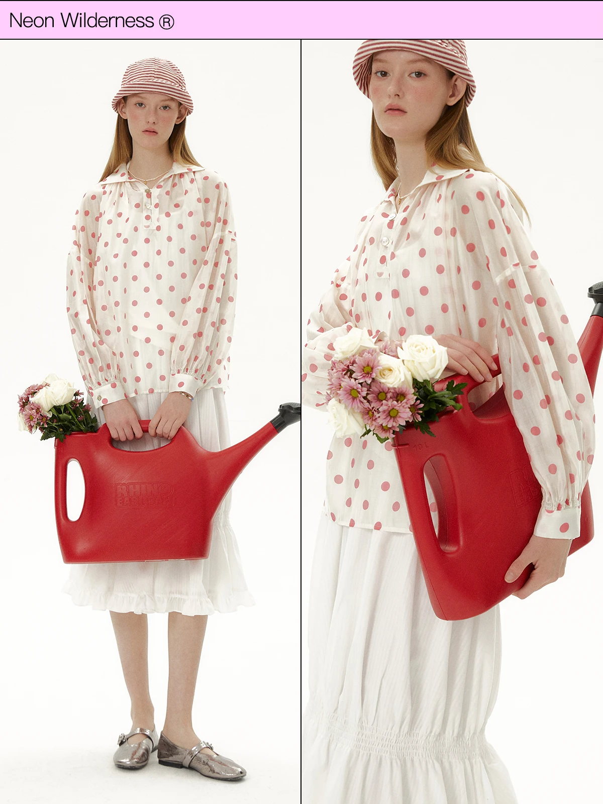 

Dreamy Pink Polka Dot Neon Wilderness® Women's Shirt Loose Fit Long Sleeve Ruffle Hem Lyrical Fabric Girl's Style Spring Fashion