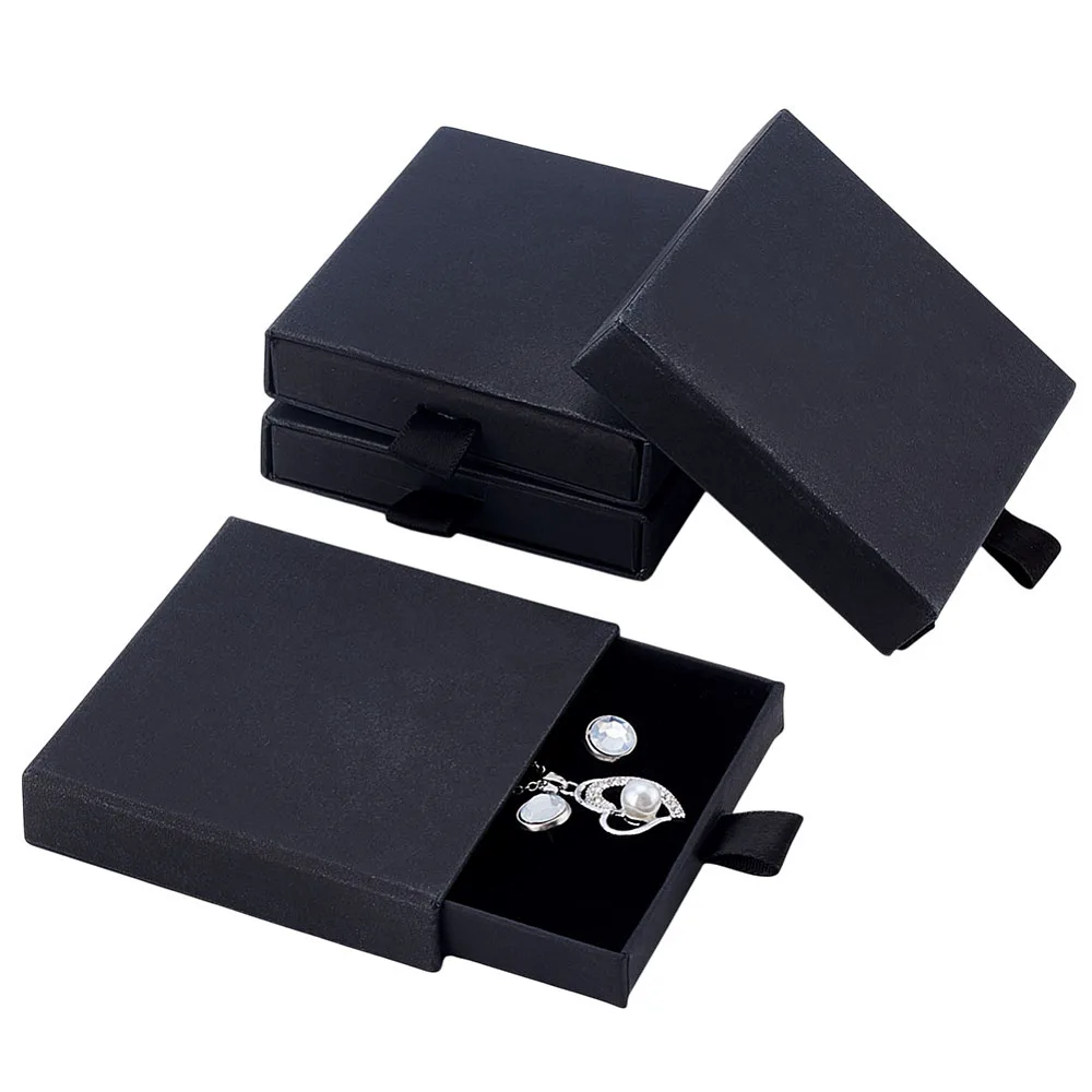 4 Pack Jewelry Gift Boxes Cardboard Jewelry Box 3.15x3.19x0.71 Inch Black Square Drawer Boxes with Sponge Display Organizers