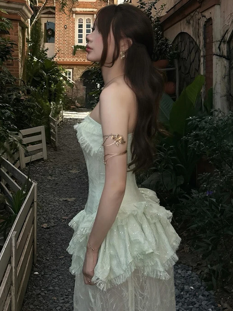 Estranho gato chique y2k vestido feminino verão sem alças irregular em camadas plissado retalhos divisão jacquard sexy magro aniversário bodycon