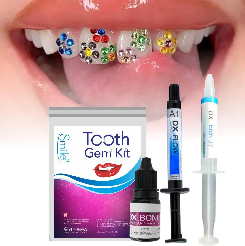 Dente gem kit com luz de cura e cola diy jóias odontológicas diamante cristais ornamento auto gravura resina ortodôntico gel adesivo