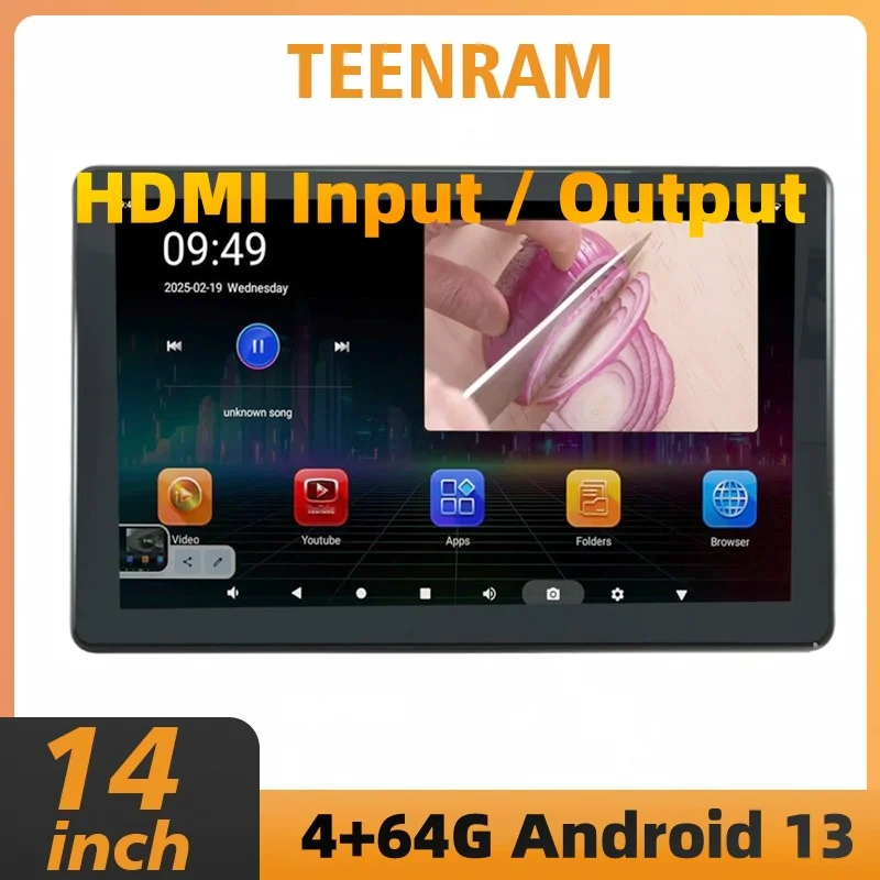 TEENRAM 14 Inch Android 13 Full Lamination Process External Headrest Display Adjustable Ambient Light Hdmi Input / Output