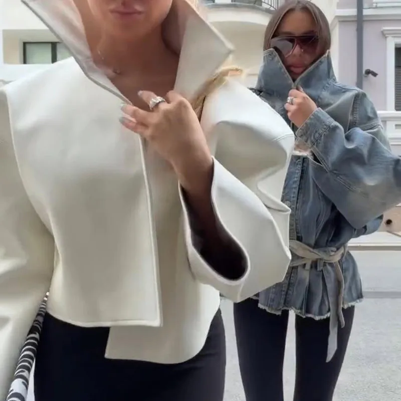 Rollkragen-Kurzjacke aus Kunstleder für Damen, Oversize-Streetwear mit Langen Ärmeln, Einfarbig, Locker Sitzende Mäntel, Schicke Damen-Oberbekleidung, Neue Kollektion – Detail 4