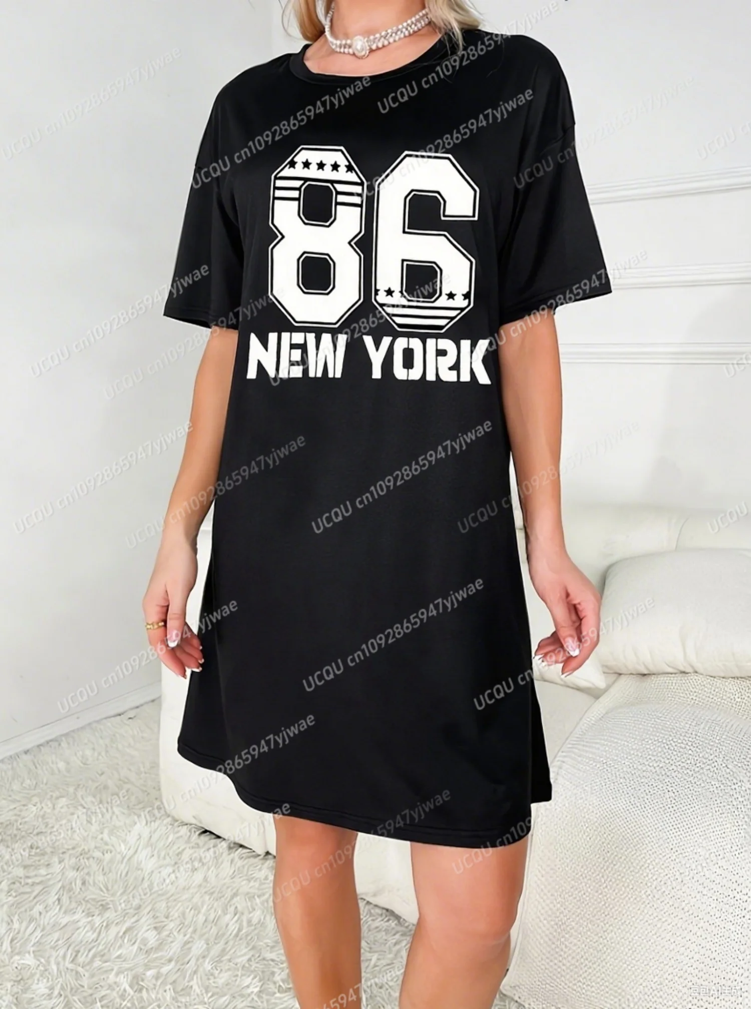 2025 Summer Polyester Women T-Shirt Dress Casual NO.86 NEW YORK Printed O-Neck Lady Short Sleeve Pullover Dresses Women Clothing