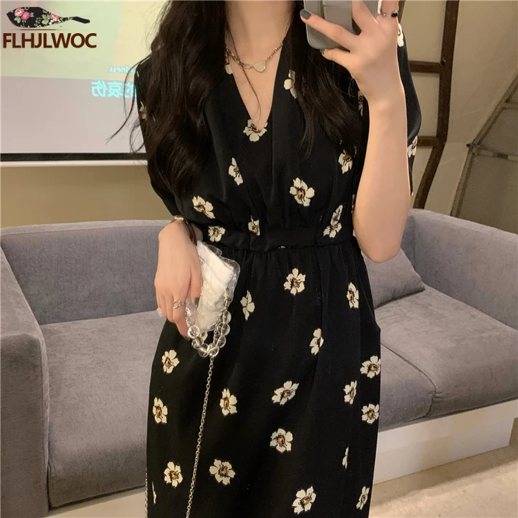 Chic Korean Clothes Design Summer Women Draped Short Sleeve V Neck Japan Girls Cute Floral Printed Retro Vintage Date Long Dress