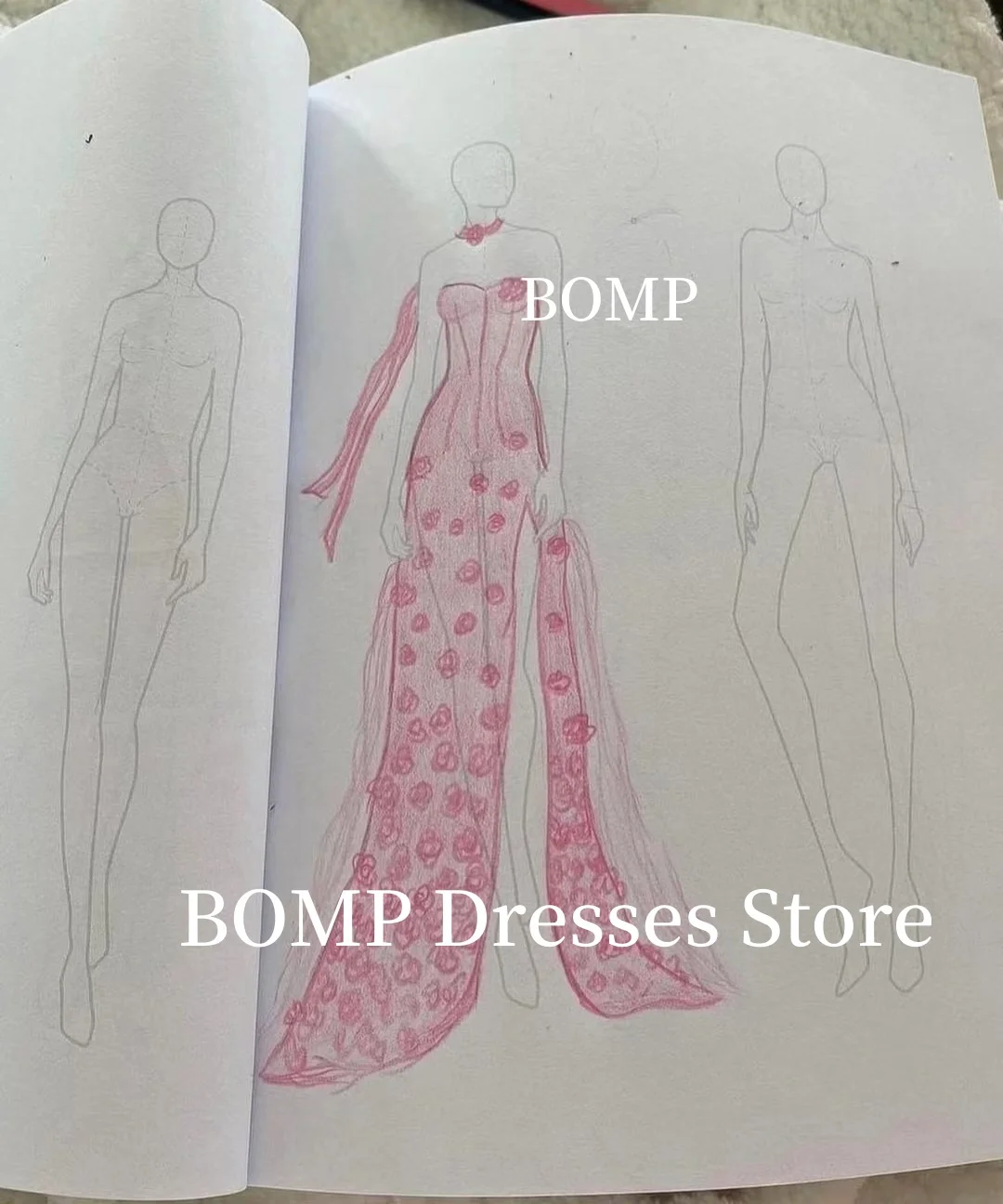 BOMP exquisito vestido de fiesta de noche rosa sin tirantes con abertura lateral vestido de fiesta de gasa Arabia Saudita personalizado فساتmavera