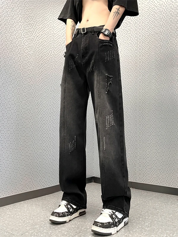

Vintage Bla Distred Straight Leg Jeans Men's Summer Trendy Loose Fit Wide Leg Pants High Street Wear Resistant