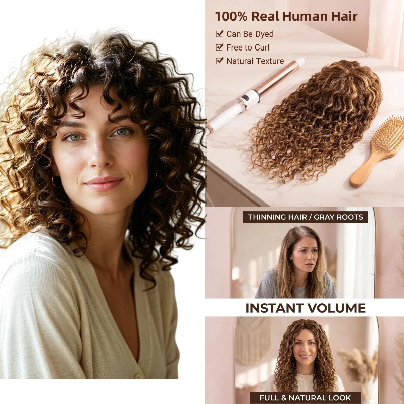Human Remy Hair Topper Swiss Lace 9x14cm 12inch Deep Wave Curly Hair Wig Hand-Tied Color #2 P4-613 Dropship