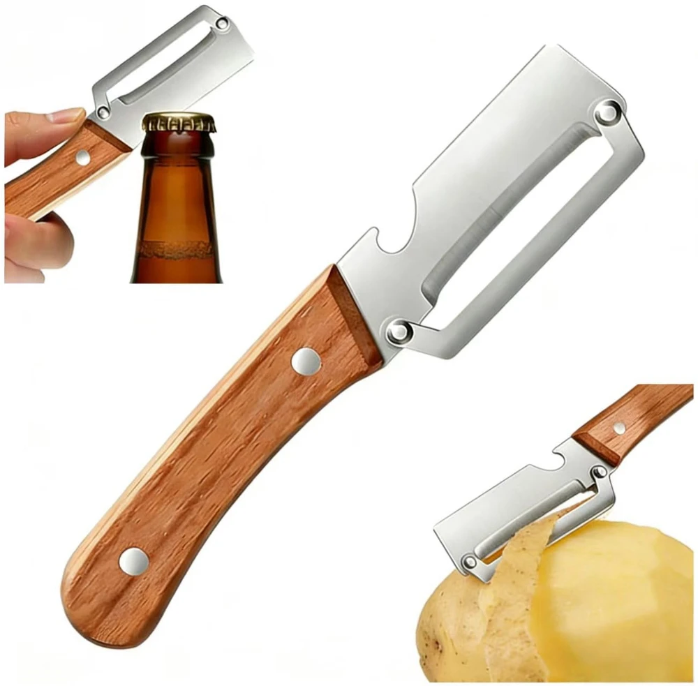 Multif Vegetable Peeler with Wooden Handle and Bottle Opener 2-in-1 Stainless Steel Blade Contour-Flow Smooth Operation Kitchen