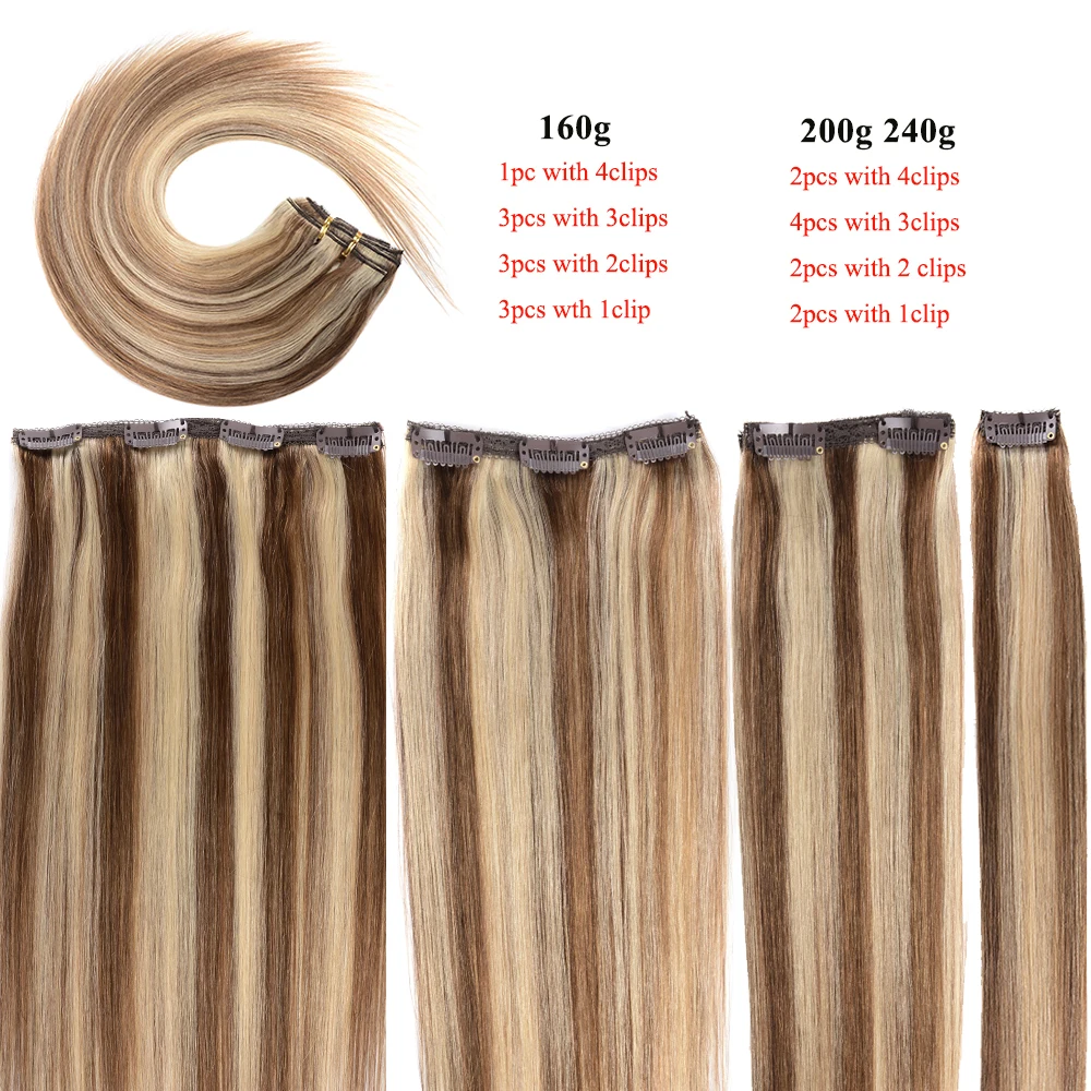 Clipe Remy brasileiro em extensões de cabelo humano, cabeça cheia, marrom a loira série de volume, 160g, 200g, 240g, 16 "a 24", 10pcs