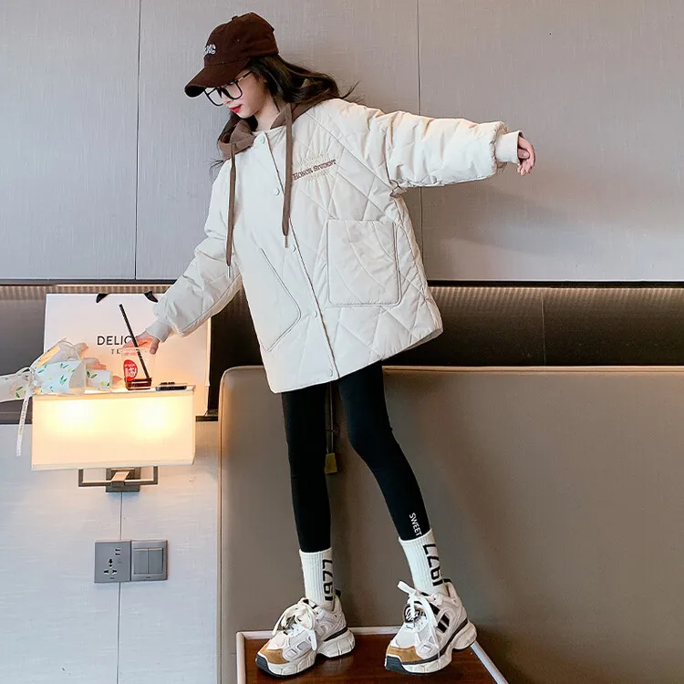 Girl Fake Two Pieces Outwear Junior Girl Color Blocking Coat 4-14Y Korean Winter Teenager Girl Hooded Cotton Jacket Elementary