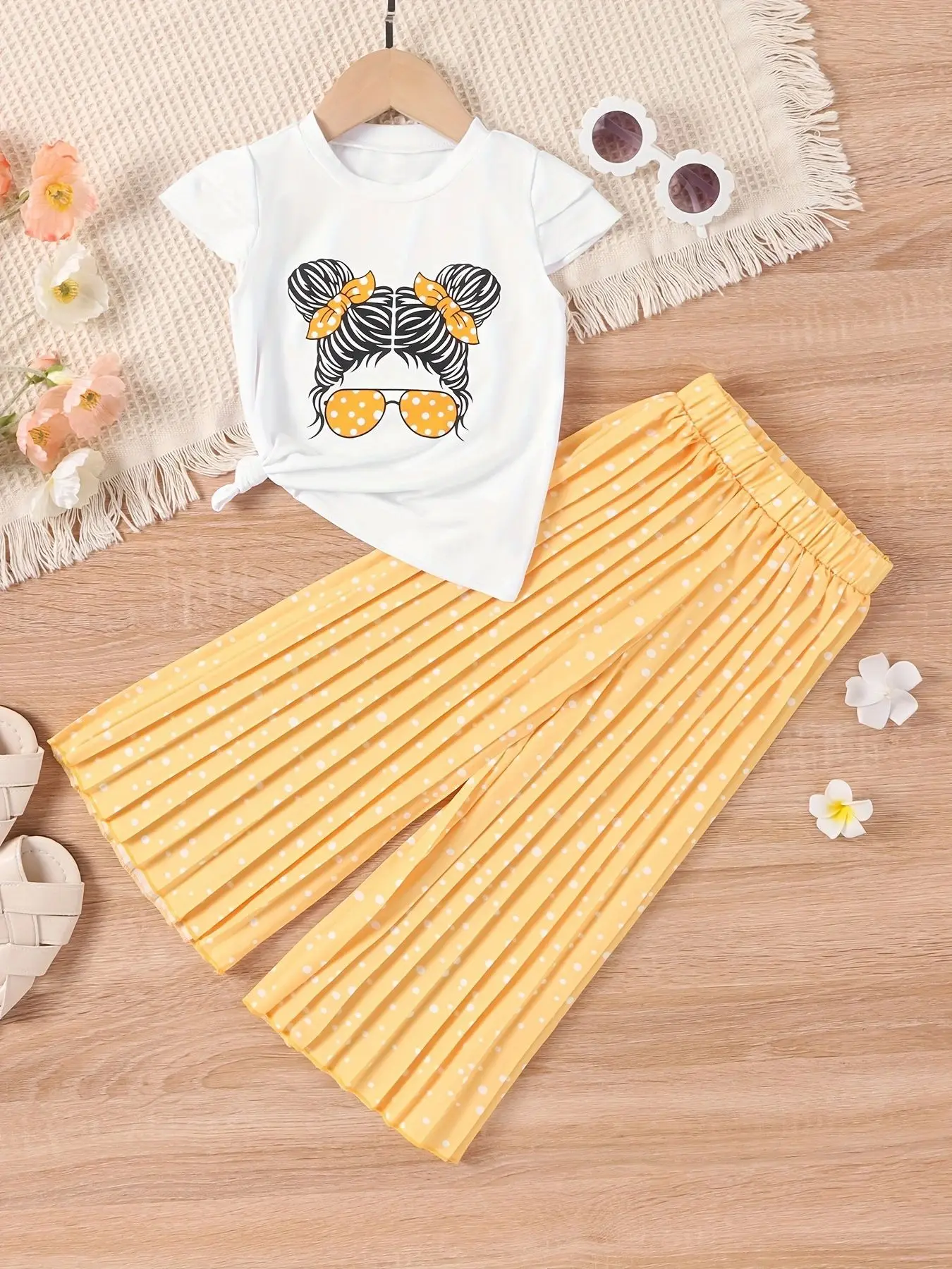 2023 Summer Baby Girls Cartoon Personality Profile Picture Short Sleeves T-shirt+Casual Baggy Pants Two-piece Suit For 2-7Y Kids