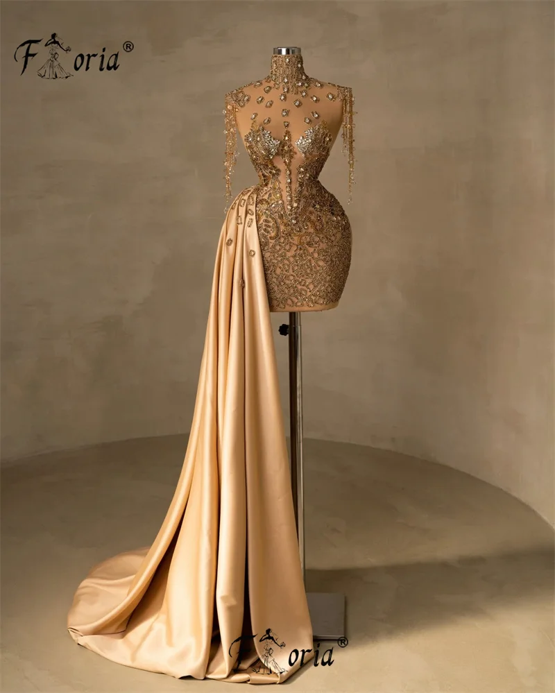 

Luxury Dubai Gold Cocktail Dress with Side Tail Full Handmade Beading Tassel Short Homecoming Dresses Prom Graduation Gown 2024