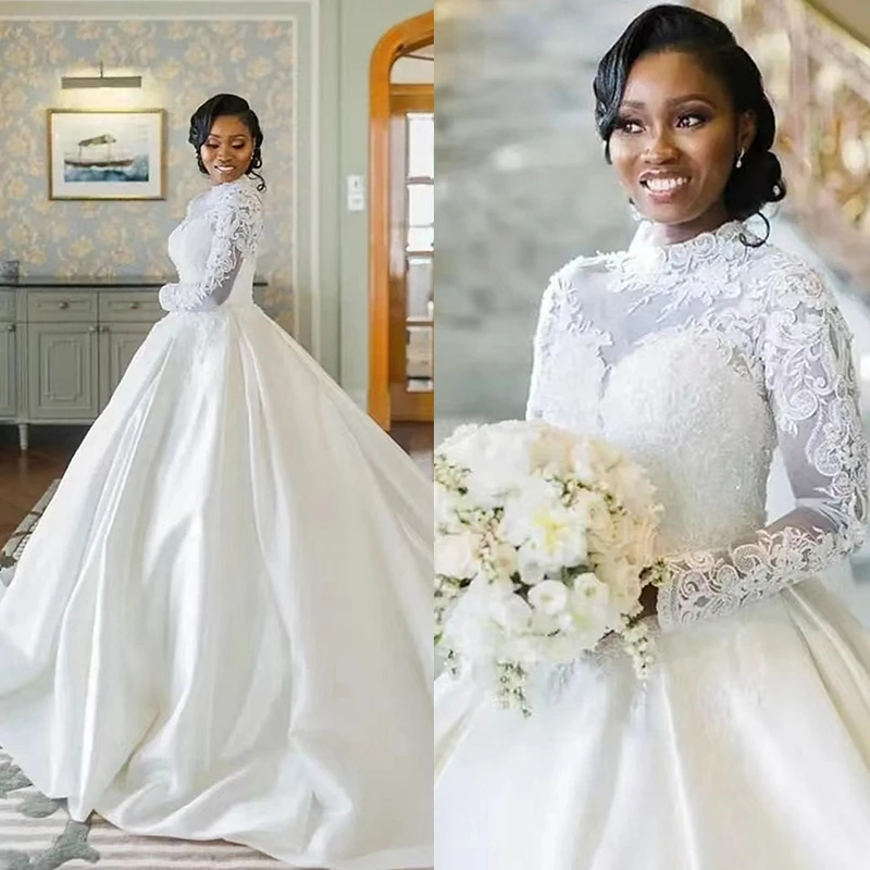 

Свадебное платье трапециевидной формы с арабским шлейфом и высоким воротом и рукавами, кружевные аппликации, атласные длинные свадебные платья цвета слоновой кости