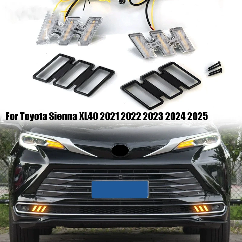 

Для Toyota Sienna XL40 2021 2022 2023 2024 2025 светодиодные дневные ходовые огни в сборе с трехцветными белыми, желтыми и синими огнями