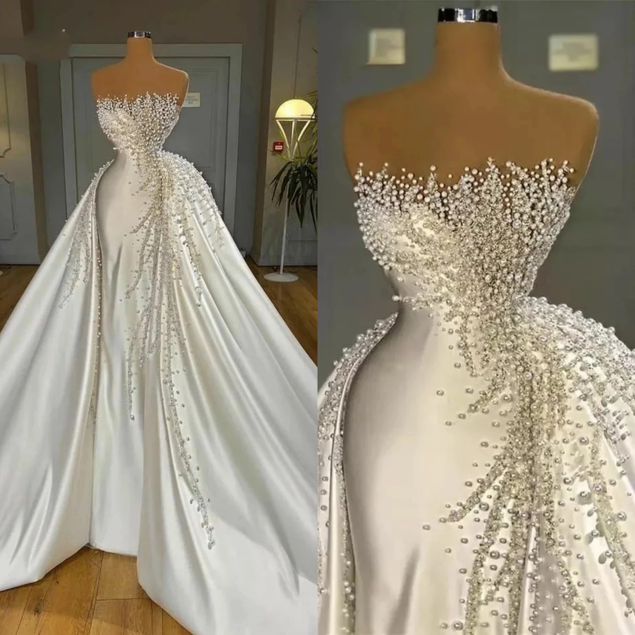 Vintage A-Line Women Wedding Dress Sheer Neck Sleeveless Bridal Gown Pearls Detachable Train Dresses Custom Made