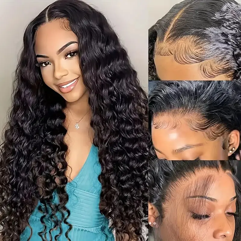 150% Natural Black 13x6 Lace Front 36 Inches 5x5 Curly Glueless Deep Wave Frontal Wig For Women Full Brazilian Human Hair Wig