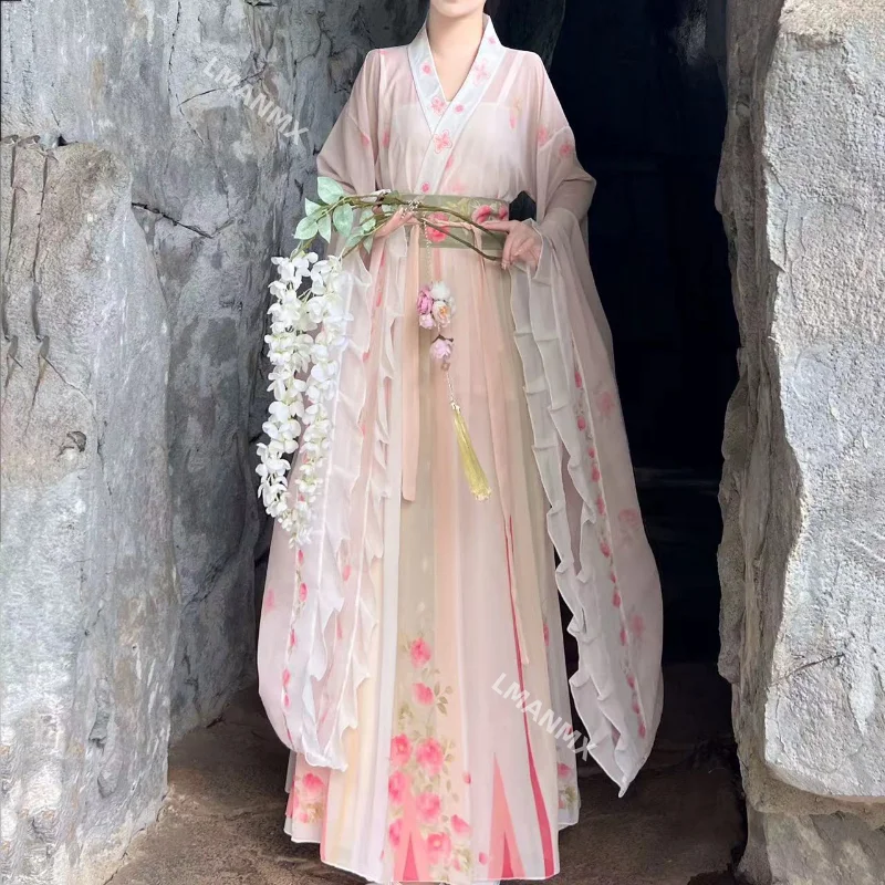 

Chinese Style WeiJin Dynasty Hanfu Dress Set Women Traditional Elegnat Floral Print Fairy Long Robe Cosplay Female Cosplay Suit