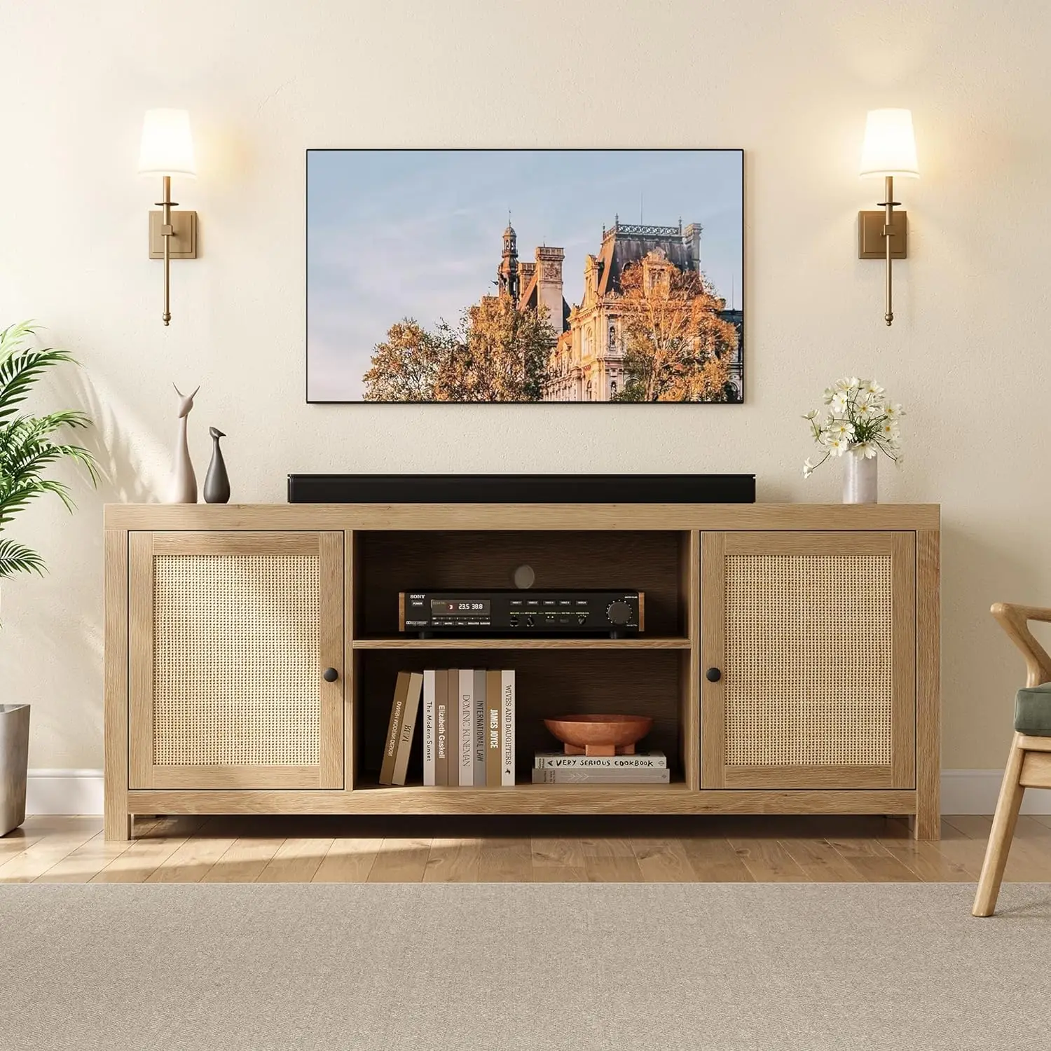 Meuble TV en bois avec rangement et portes, 65 ", chêne naturel, console TV et multimédia, meubles de salon