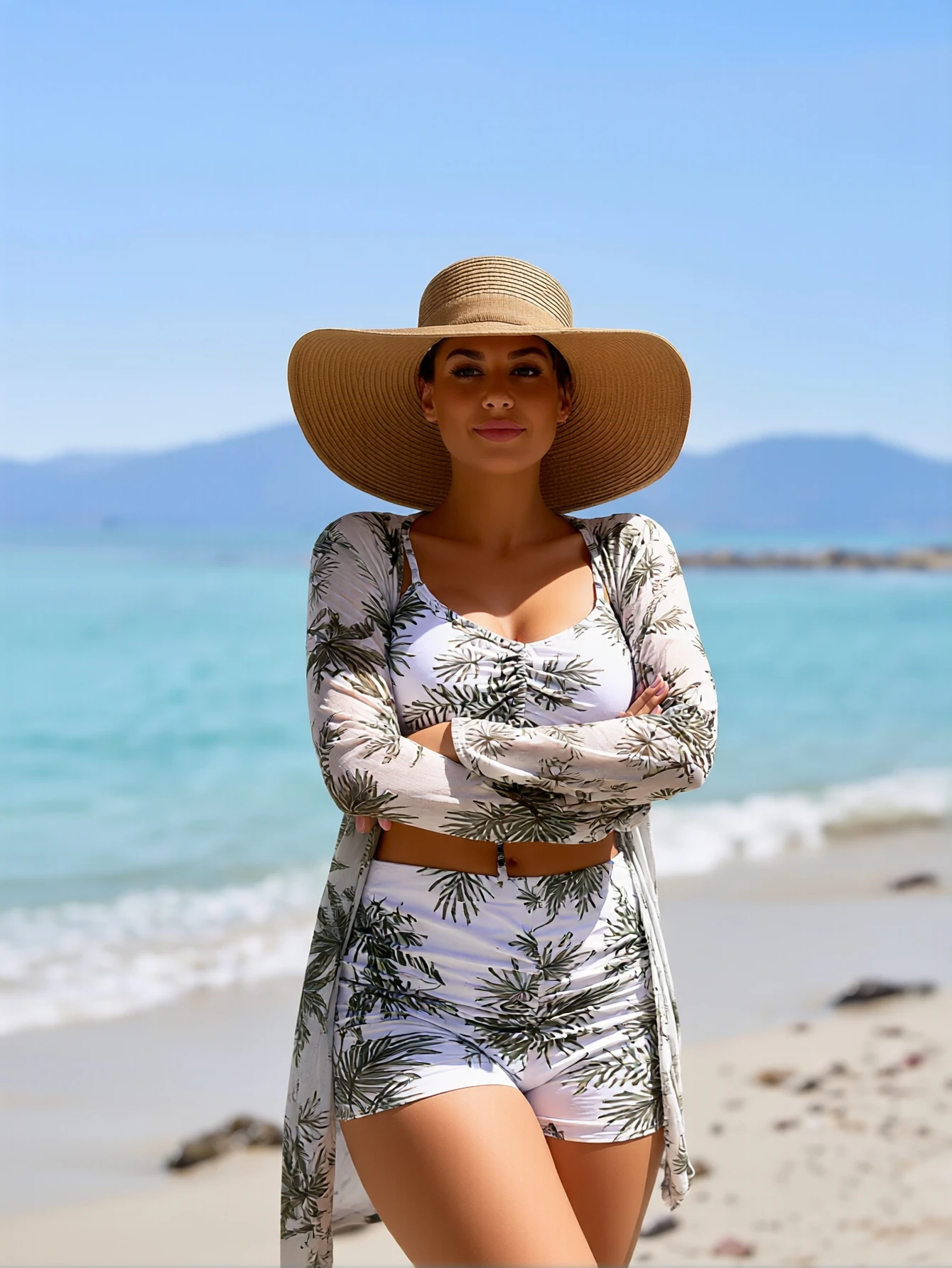 2026 New Pink Abstract Swirl Print 3 Piece Bikini Set, Front Tie Cami Crop Top High Waist Shorts Long Sleeve Kimono Cover Up view 4