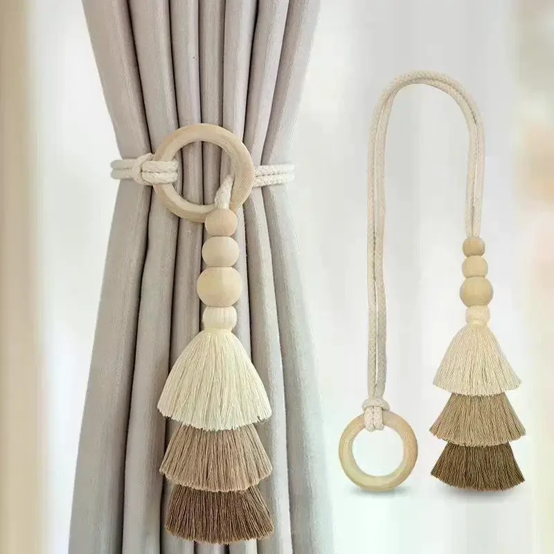 New 1/2Pcs Tassel Curtain Tie Backs Wooden Bead Curtain Tiebacks,Bohemian Curtain Clasp, Curtain Tiebacks Home Decorative