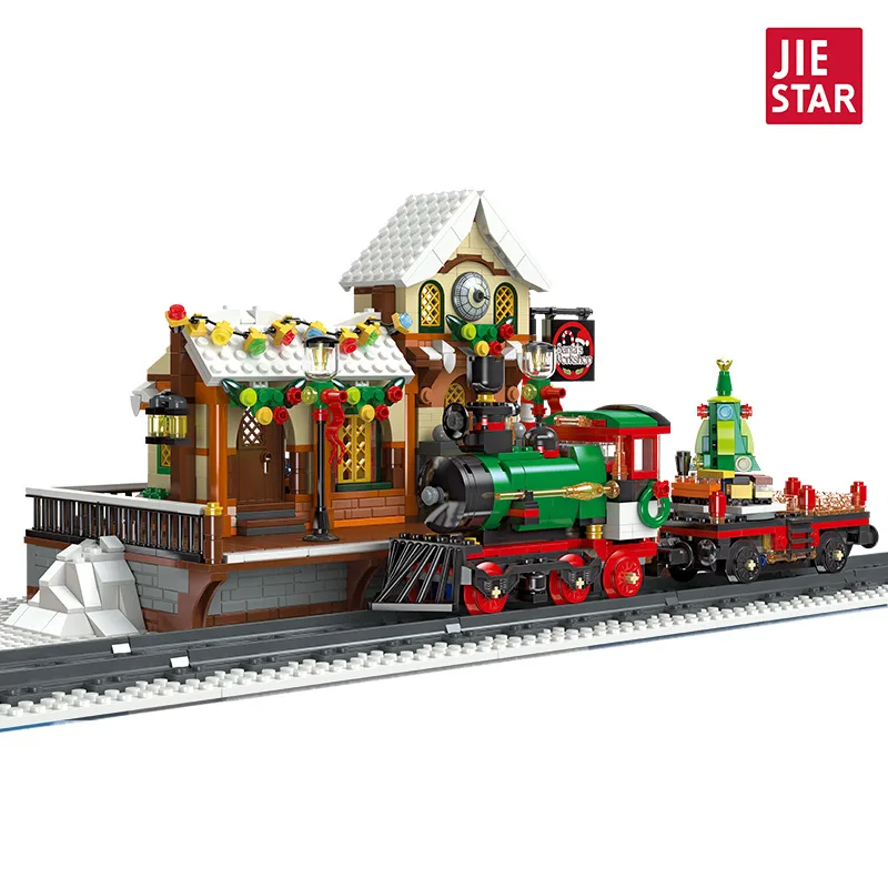 Bloques de construcción de tren de Navidad, juguete educativo de escena callejera, regalo de vacaciones de invierno para niños y niñas