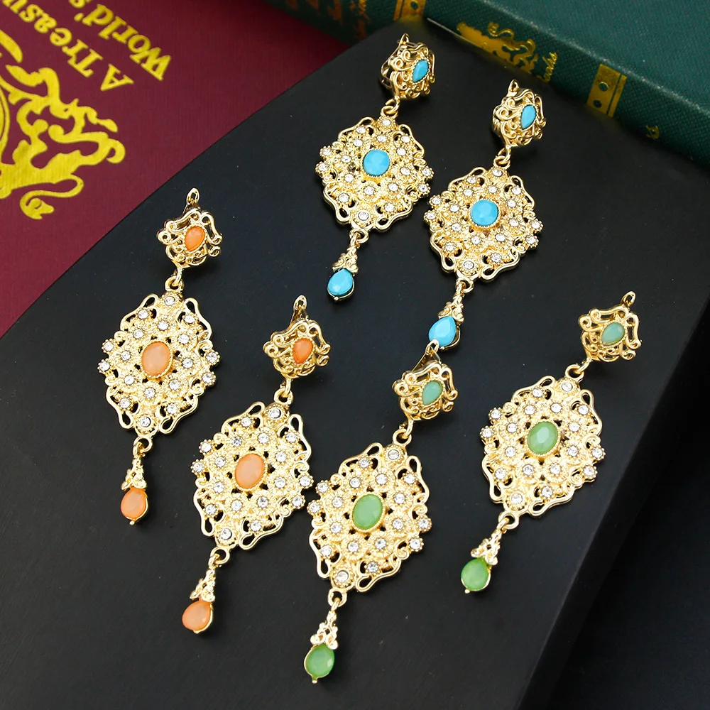 Sunspicems Chic Morocco Earring For Women Gold Color Arabic Flower Bride Jewelry Crystal Long Drop Earring Banquet Caftan Bijoux
