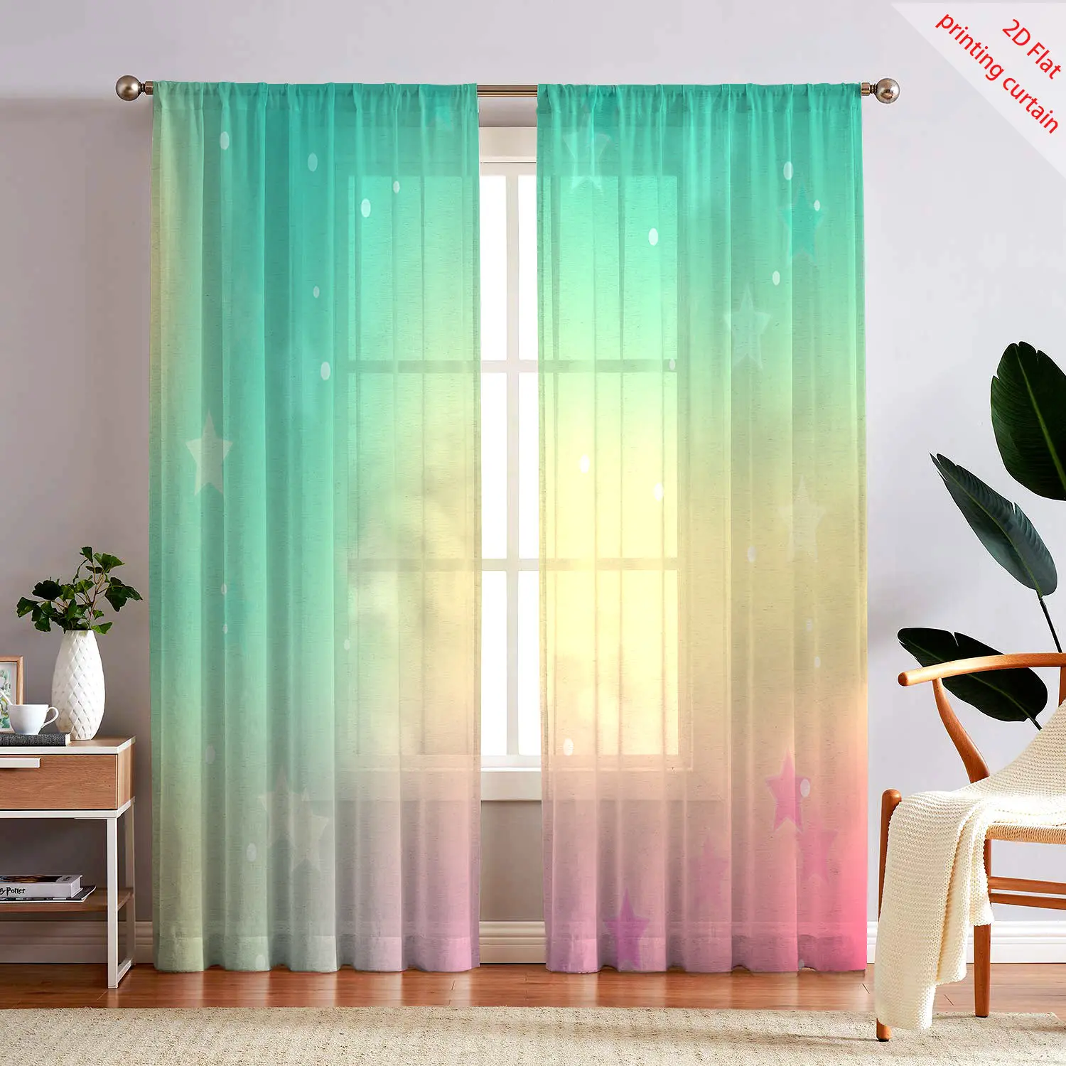 Colorful star pattern printed gauze curtains, transparent curtains, office, dormitory, home balcony window decorations