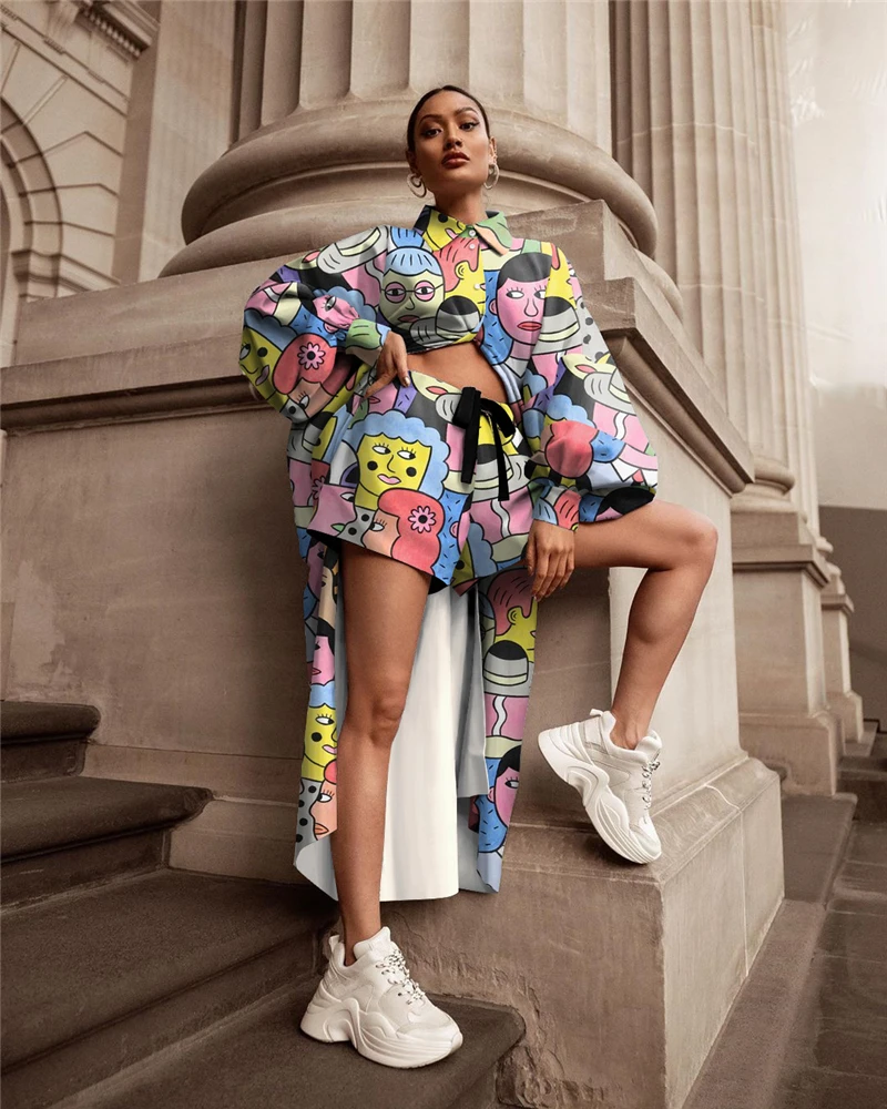 Oversized Two Piece Shorts Sets Women Tracksuit Autumn Clothes Cartoon Print Blouse Long Shirt Top Shorts Suit Fashion Woman Set