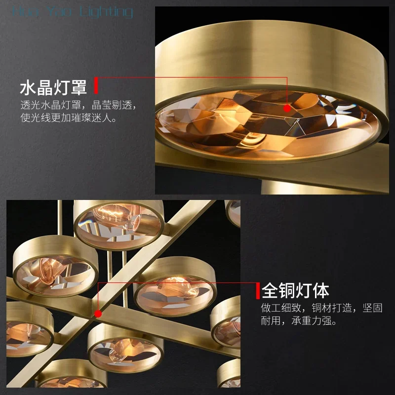 Post-modern luxury restaurant chandelier creative living room copper lamp simple design hotel villa crystal lighting