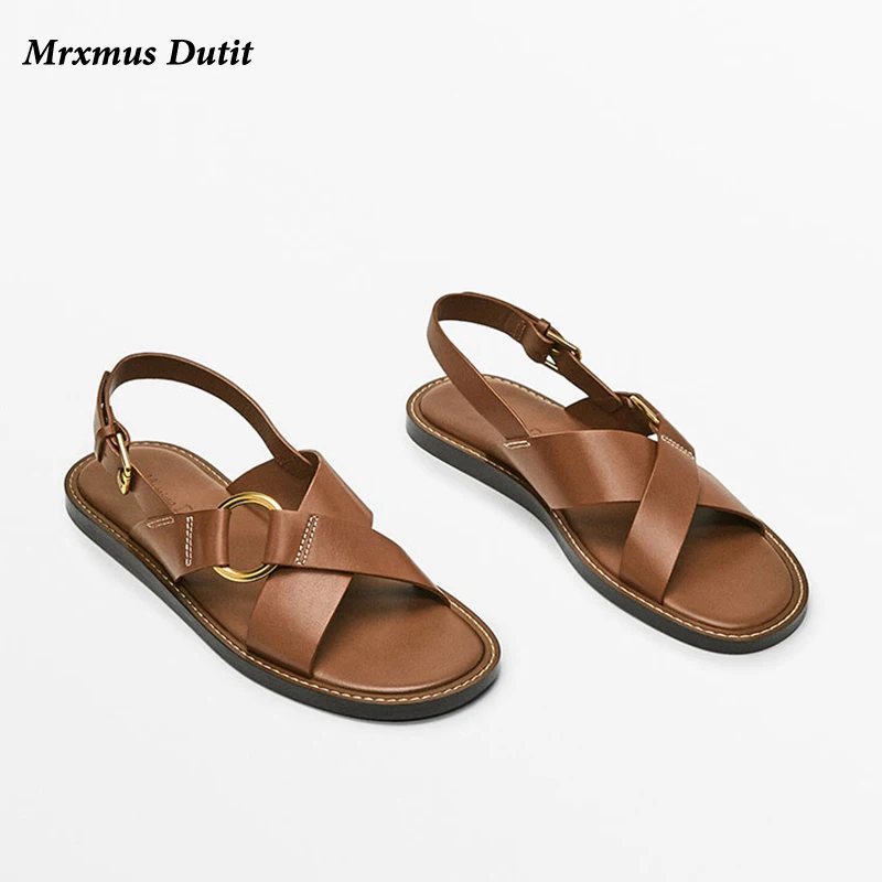 Mrxmus 2023 New Spring Summer Fashion Leather Cross Belt Design Open Toe Roman Sandals Women Simple Casual Flat Shoes Female