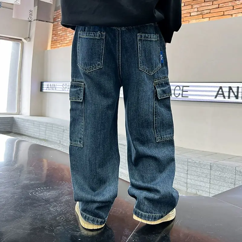 Korean Style Boys Cargo Pants Trendy Denim Jeans Kids Streetwear Casual Trousers Children Cool Hip Hop Long Pants for Boys