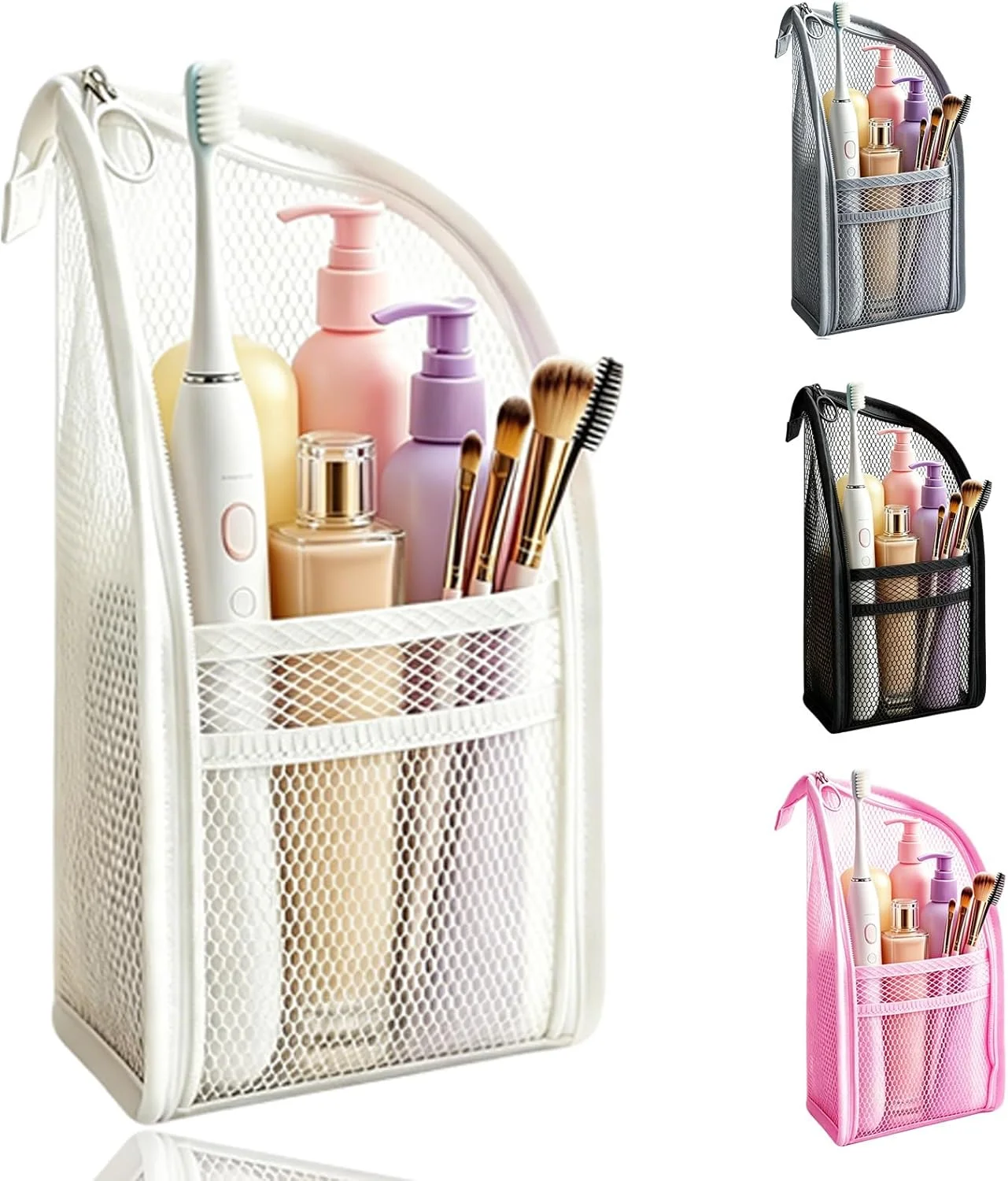 Foldable Travel Makeup Bag with Toothbrush Holder-Large Capacity Waterproof Cosmetic Organizer, Hanging Mesh Pouch Storage Case