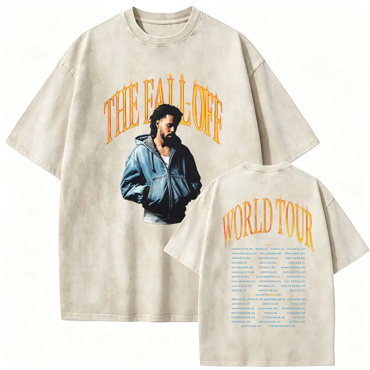 Rapper J.Cole The Fall Off World Tour 2026 Vintage Washed T-Shirt Herren Damen Hip Hop Gothic Oversized Baumwoll-T-Shirt Streetwear – Detail 3
