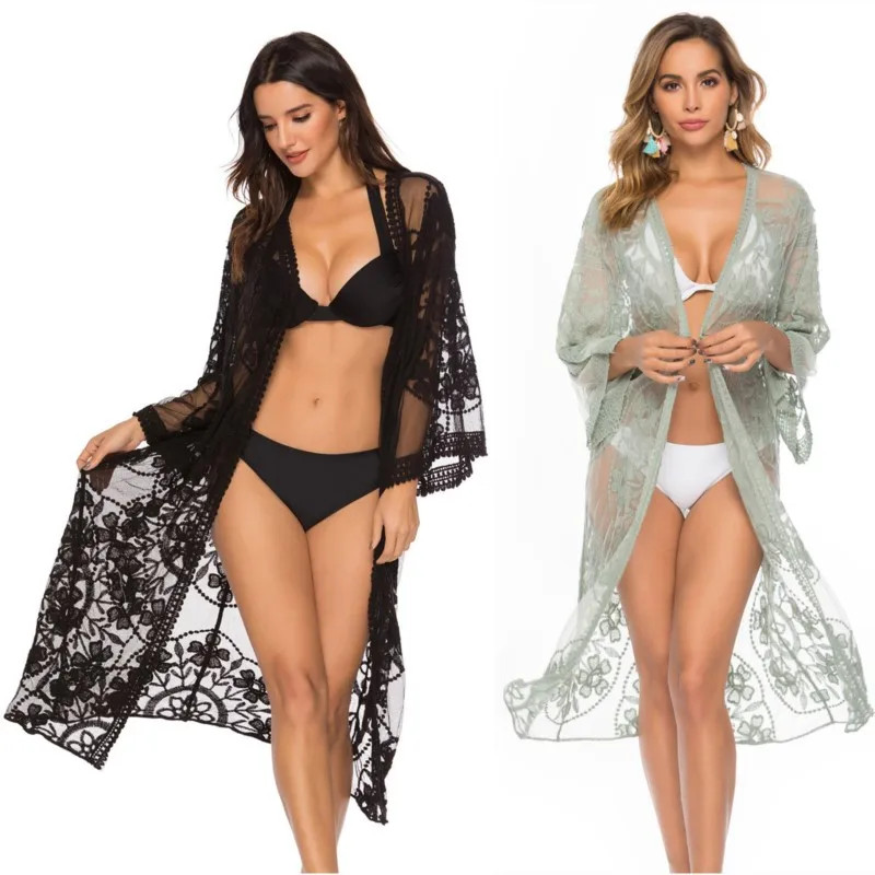 Summer 2025 sexy women's lace mesh bikini with cardigan beach smock sunscreen