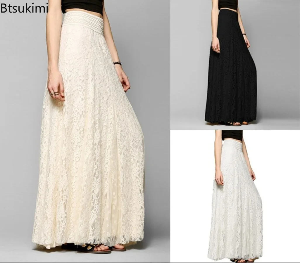 New 2026 Women's High Waisted Slim Maxi Skirts Summer Hollow-out Lace Skirt Fashion Versatile Retro Pleated Floor-length Skirts