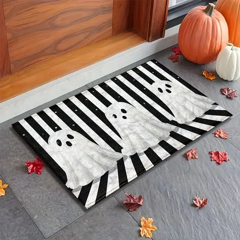 VIKAMA Striped Halloween Ghost Bathroom Doormat, Non-Slip, Absorbent Indoor/Outdoor Entryway Mat, Halloween Home Decor Rug
