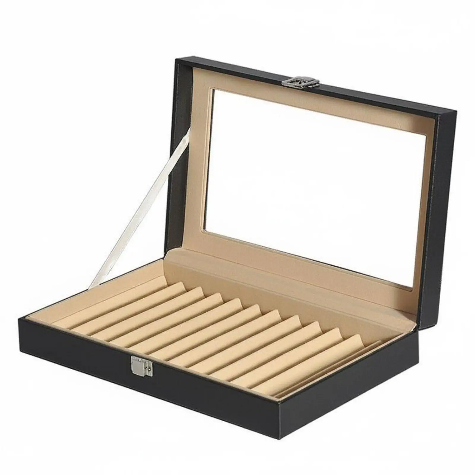 Premium PU Leather Pen Case Collection Storage Display Box with Glass Window for Home Office Desktop