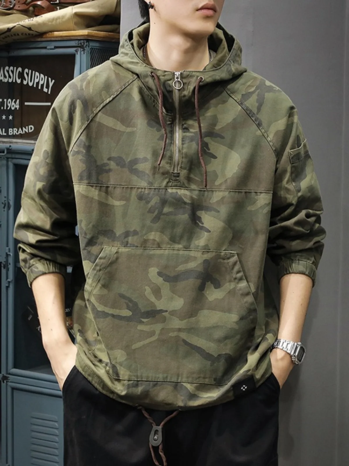 

Camouflage Hoodie Jaet Men's Spring Autumn Loose Fit Workwear Sle f Zipper Breathable Cotton Long Sve Outerwear