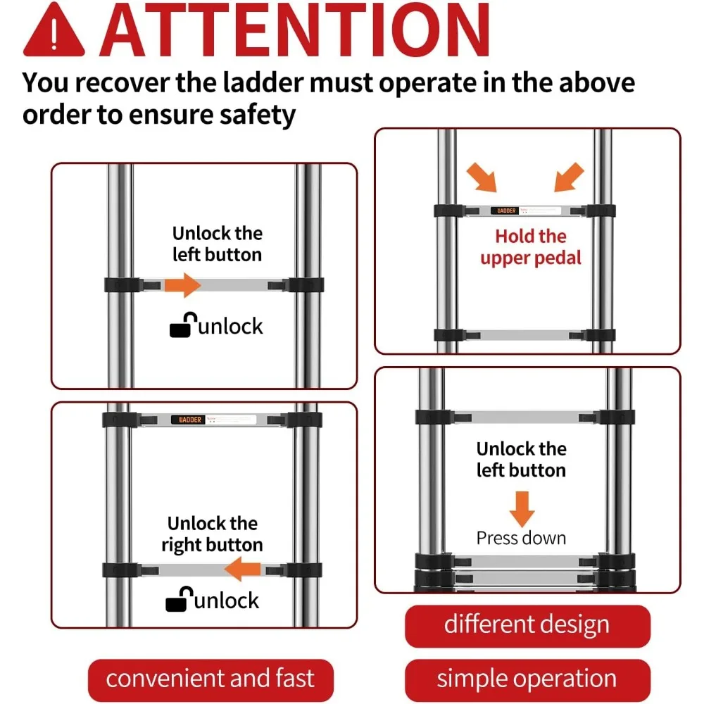 سلم تمديد عالي التحمل بطول 8.5 قدم مع خطاف ثابت وقضيب تثبيت، سعة 330 رطل، سلم تصغير متعدد الأغراض للخارج #6