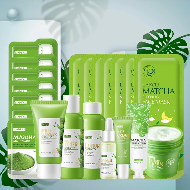 Kit de cuidados com a pele de chá verde, cosmético coreano, hidratante, acne, esfoliante, beleza, conjunto de cuidados faciais para mulheres, kit de produtos sakura