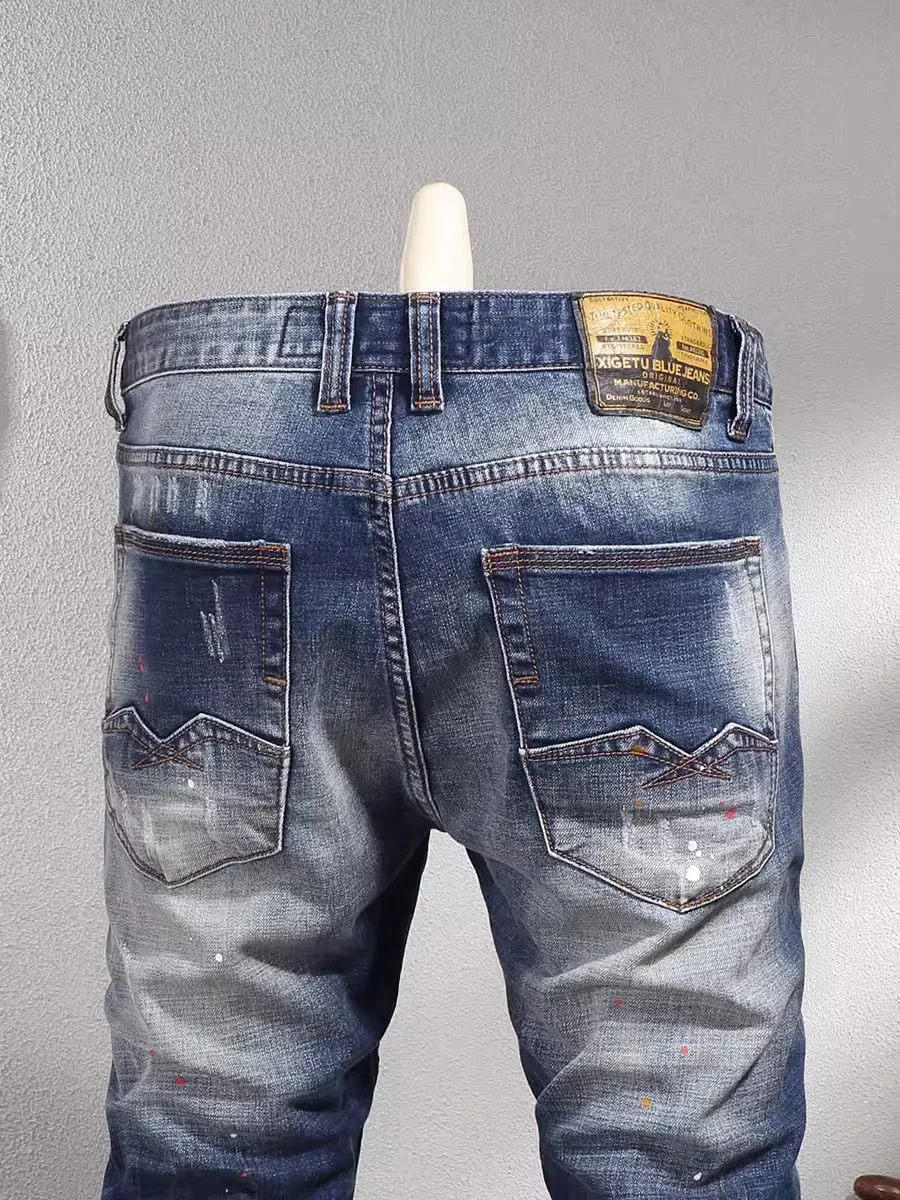 Fashion Designer Men Jeans High Quality Retro Washed Blue Stretch Slim Fit Ripped Jeans Men Vintage Casual Denim Pants Hombre