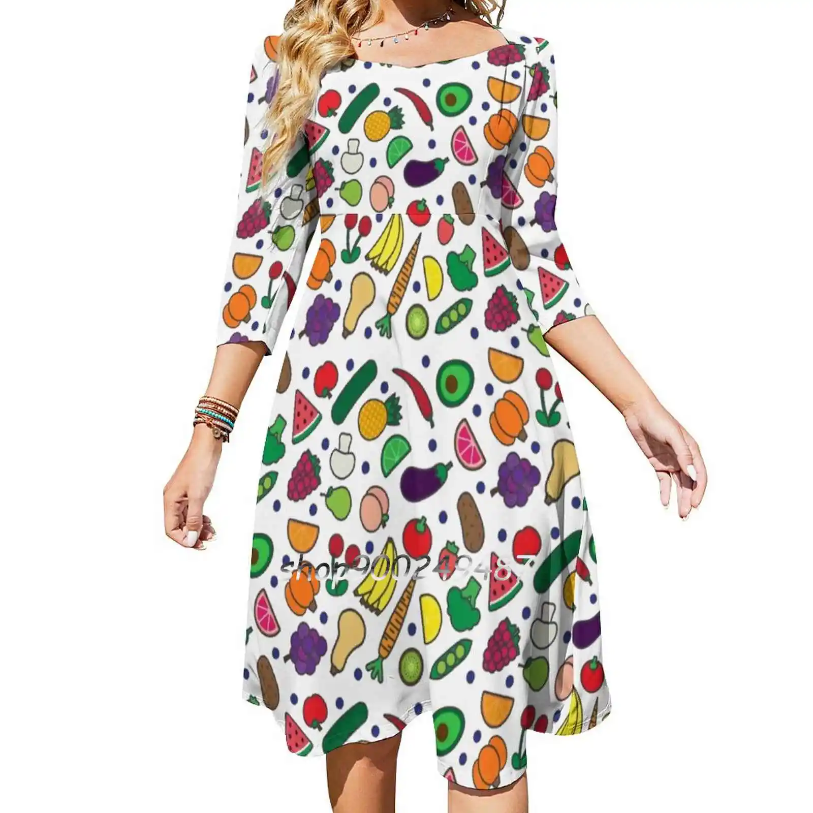 

Fruits And Veggies! Sweetheart Knot Flared Dress Fashion Design Large Size Loose Dress Vegetarian Veggie Vegan Veg Fruits