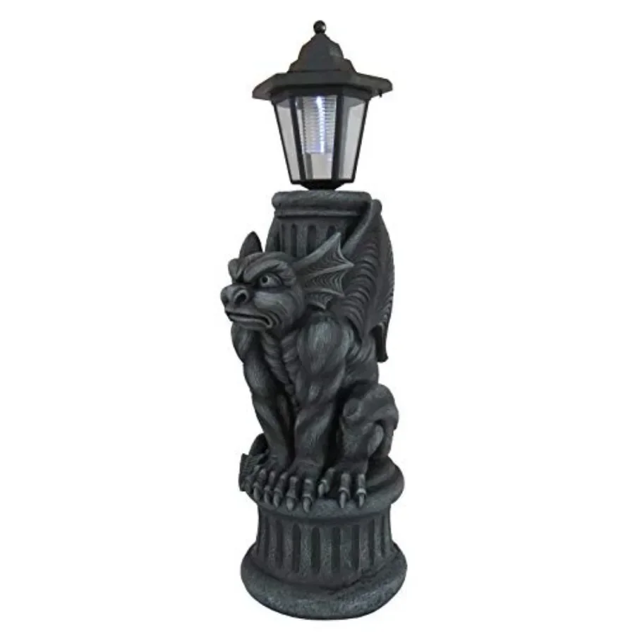 Gargoyle Solar Light 20 Inch Gothic Garden Statue with LED Lantern for outdoor decoration, cast resin, black, weather-resistant