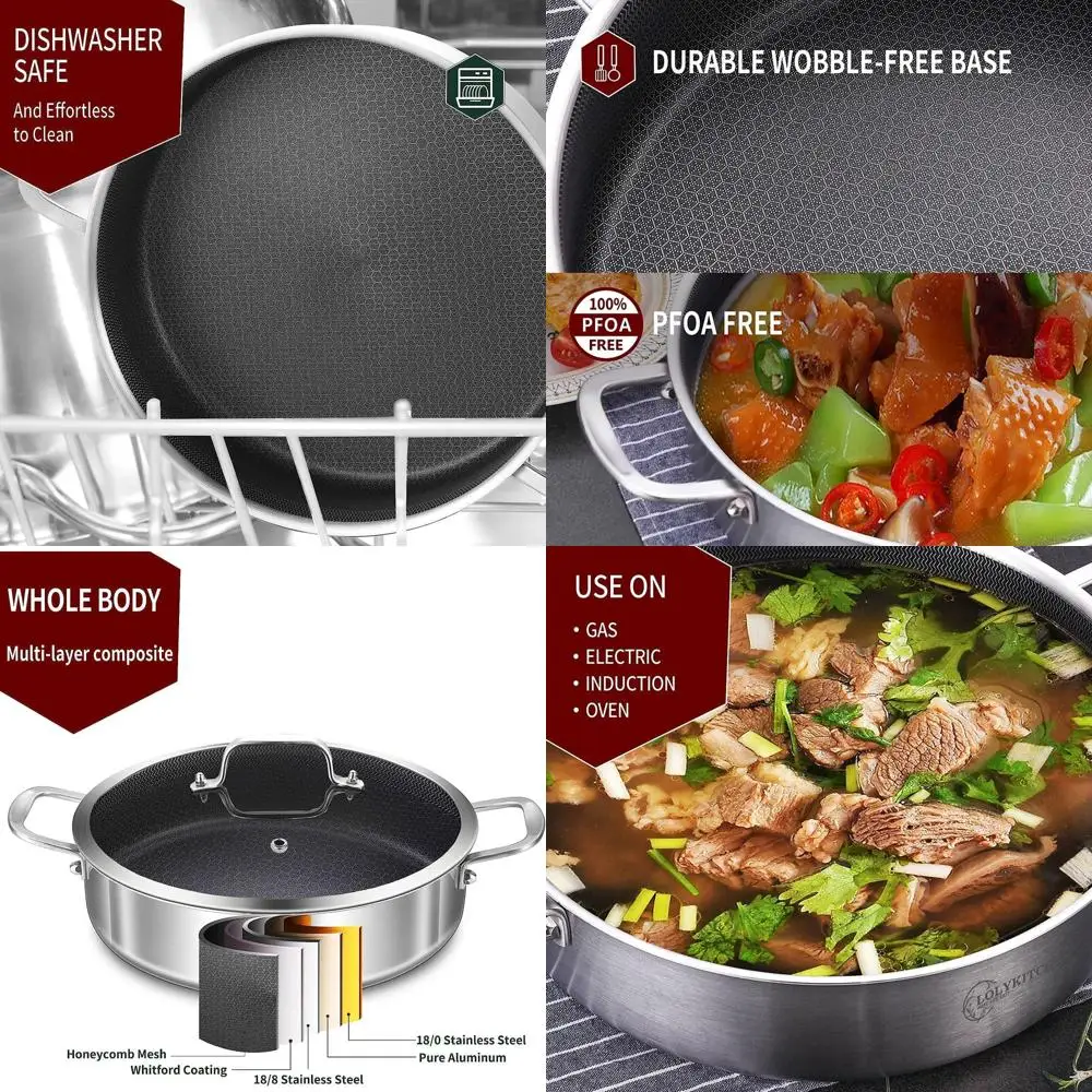 

10-дюймовая глубокая сковорода с антипригарным покрытием и крышкой, совместимая с индукционными плитами, подходит для мытья в посудомоечной машине и использования в духовке.