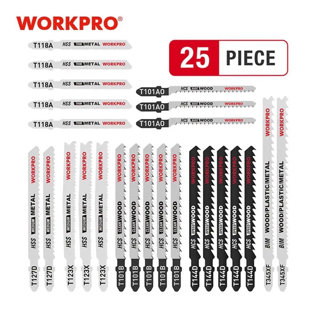 WORKPRO 25PC Saw Blades T-Shank  Jigsaw Blades Set Assorted Blades for Wood Plastic Metal Cutting Blades Made with HCS/HSS/BIM