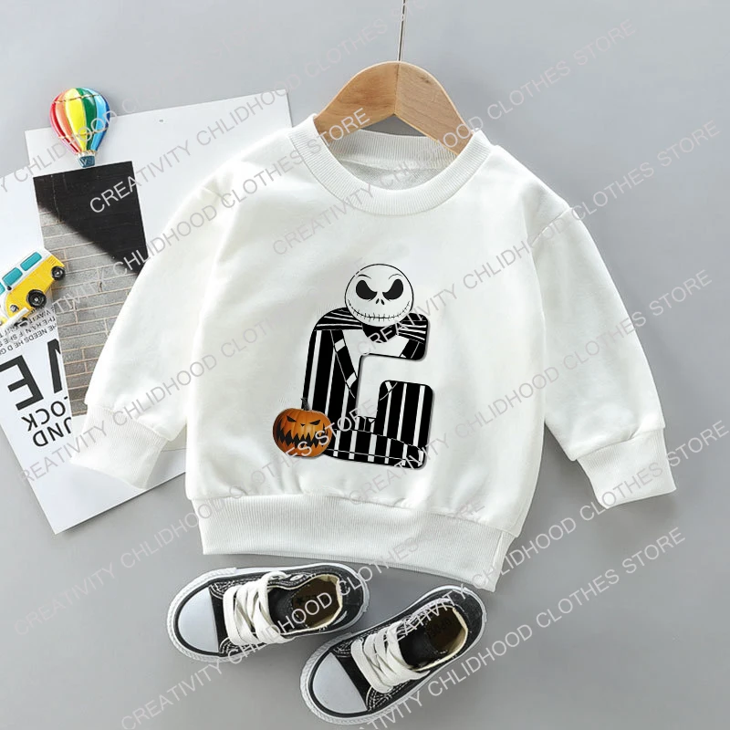 Jack Skellington Children Sweatshirts Letter A B C Pullover Anime Cartoons Casual Clothes for Girls Boys Kid Cotton Kawaii Tops